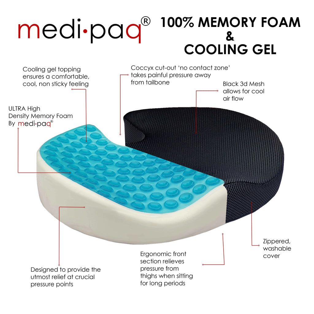 Medipaq®️ Memory Foam + Cooling Gel Coccyx Support Seat Cushion